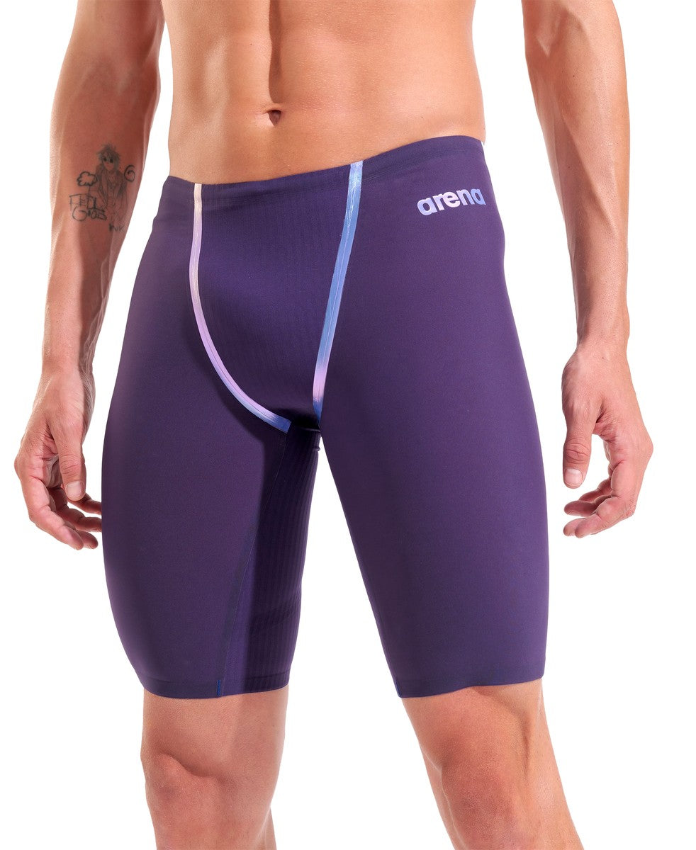 Arena men's Powerskin Primo jammer in midnight blue with chrome finish, showcasing sleek swimwear design and logo details.