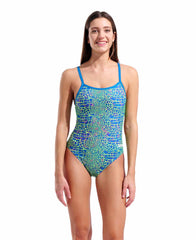 Arena women's snakeskin challenge back swimsuit in blue cosmo and multi, featuring a stylish snakeskin pattern and sporty design.