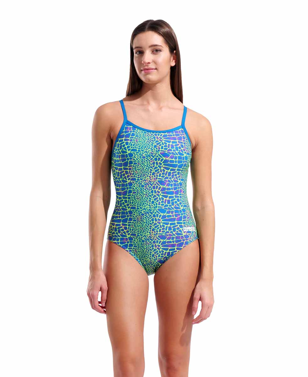 Arena women's snakeskin lightdrop back swimsuit in blue Cosmo and multi colors, featuring a stylish snakeskin pattern and sleek design.