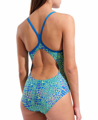 Arena women's snakeskin lightdrop back swimsuit in blue cosmo and multi colors, featuring a stylish snakeskin pattern and back design.