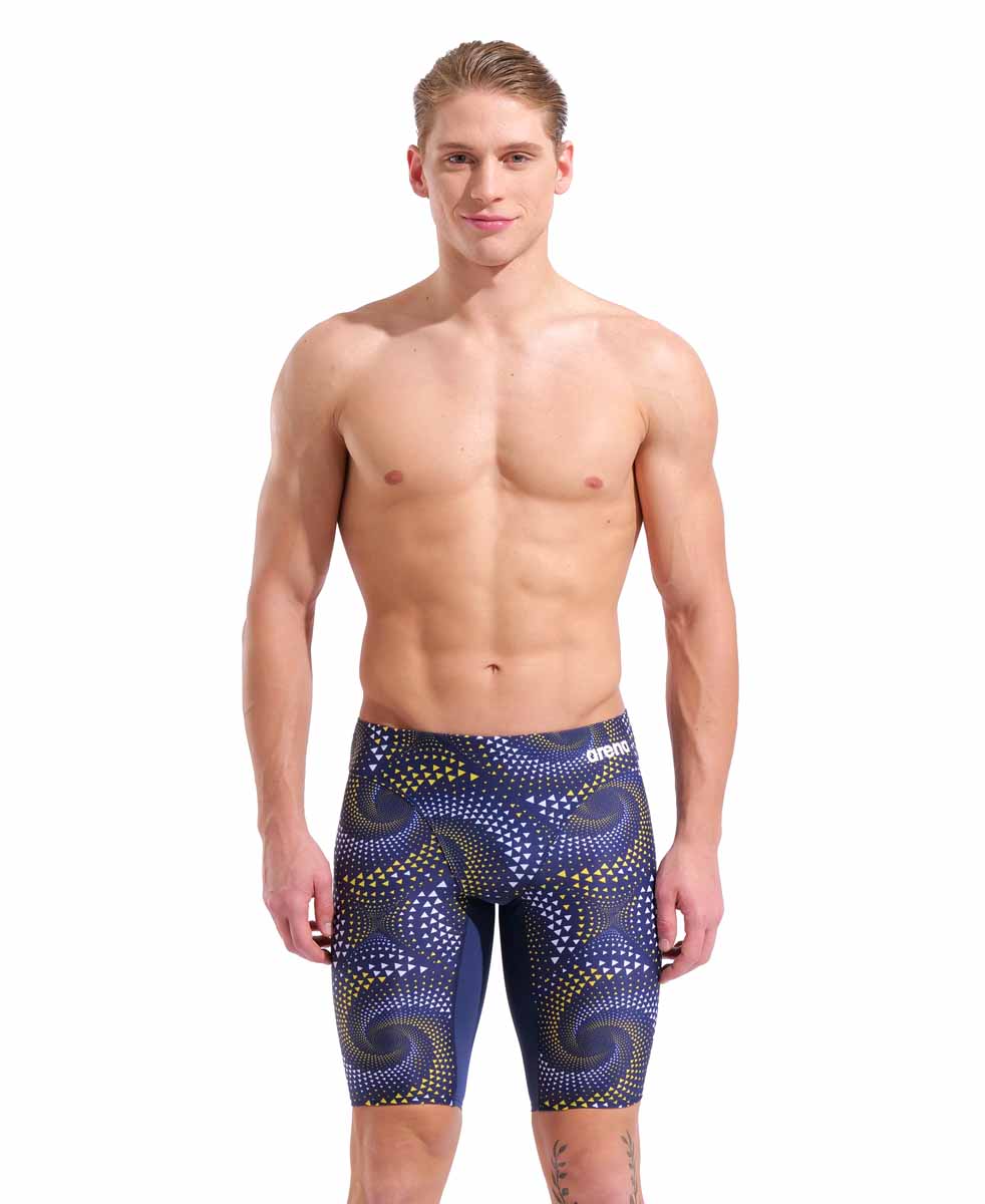 Arena men's Fireflow swim jammer in navy with yellow accents, designed for competitive swimming and performance.