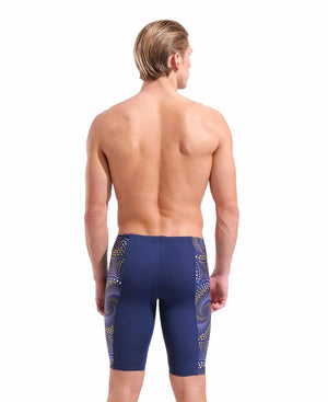 Arena men's Fireflow swim jammer in navy, with yellow accents, designed for competitive swimming and performance.