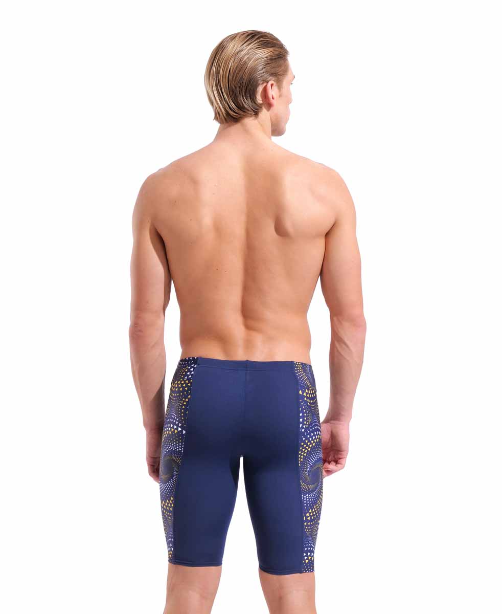 Arena men's Fireflow swim jammer in navy, with yellow accents, designed for competitive swimming and performance.