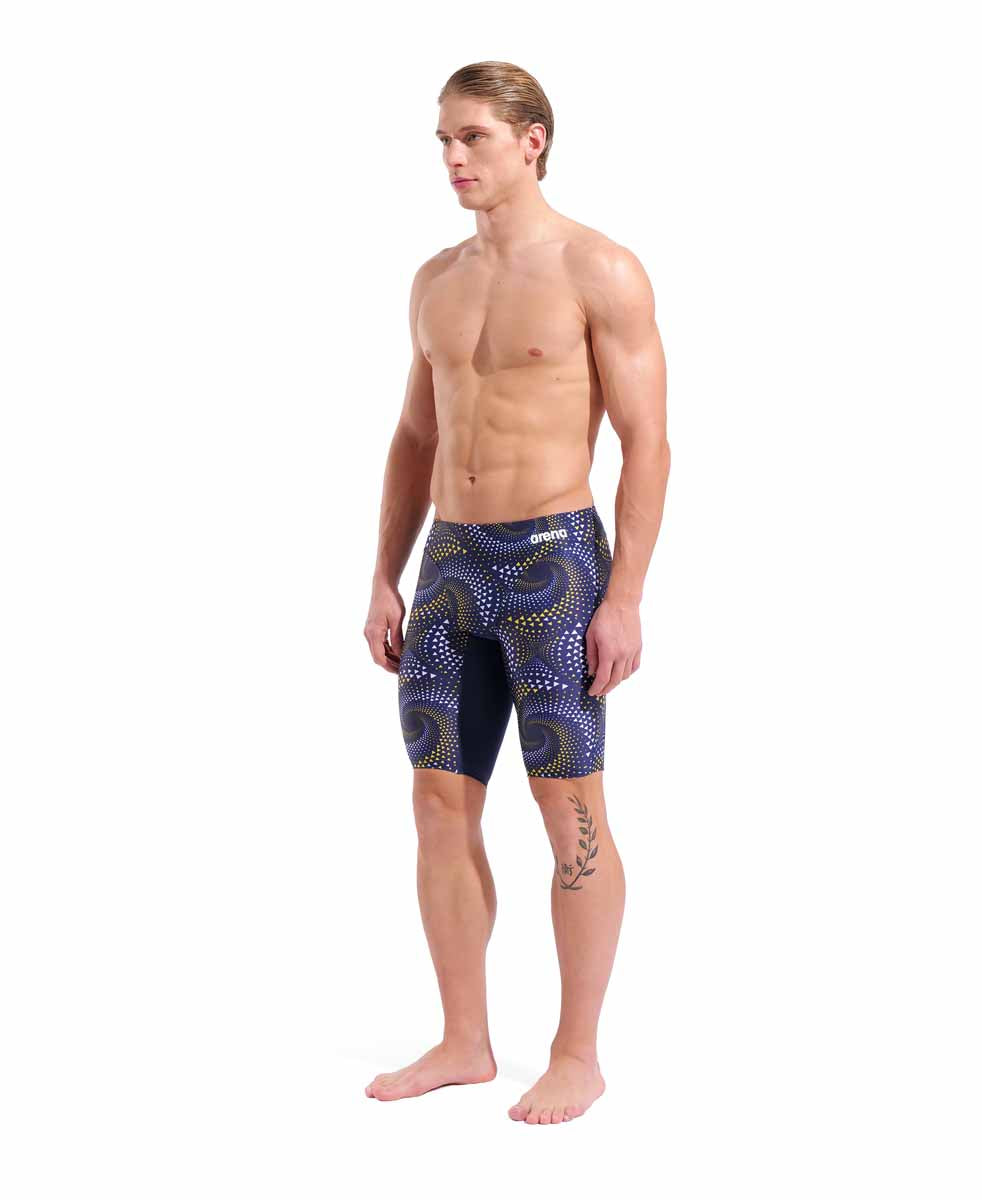 Arena men's Fireflow swim jammer in navy with yellow accents, designed for competitive swimming and training.