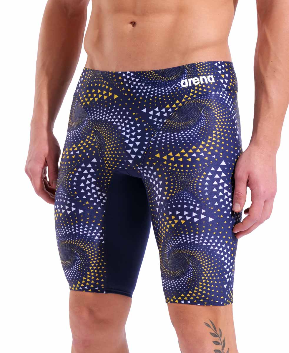 Arena men's Fireflow swim jammer in navy with yellow accents, featuring a sleek design for competitive swimming.