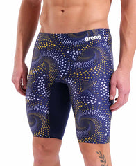 Arena men's Fireflow swim jammer in navy with yellow accents, featuring a sleek design for competitive swimming.