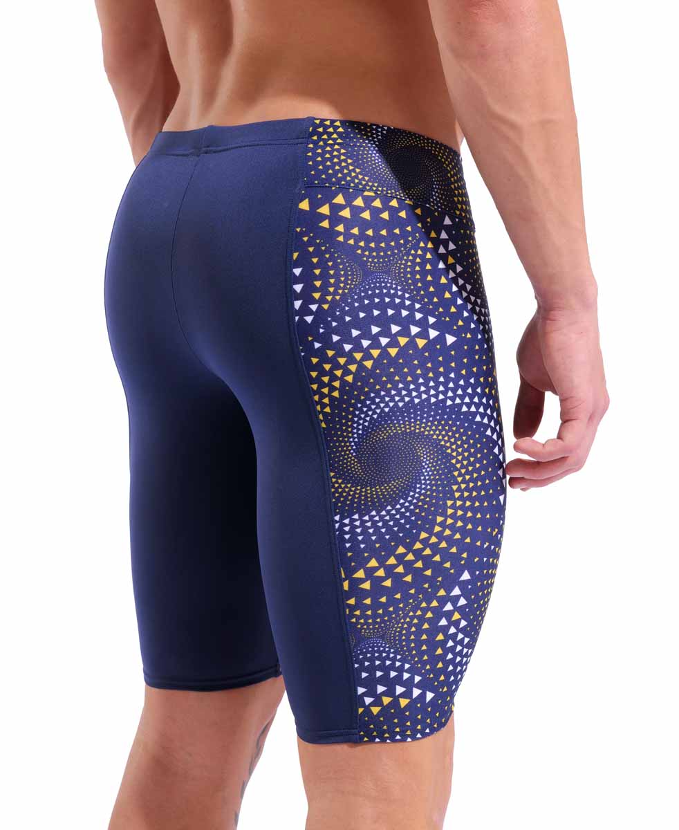 Arena men's Fireflow swim jammer in navy with yellow accents, featuring a sleek, fitted design for competitive swimming.