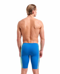 Blue Arena men's snakeskin swim jammer with multi-blue pattern, designed for competitive swimming and active water sports.