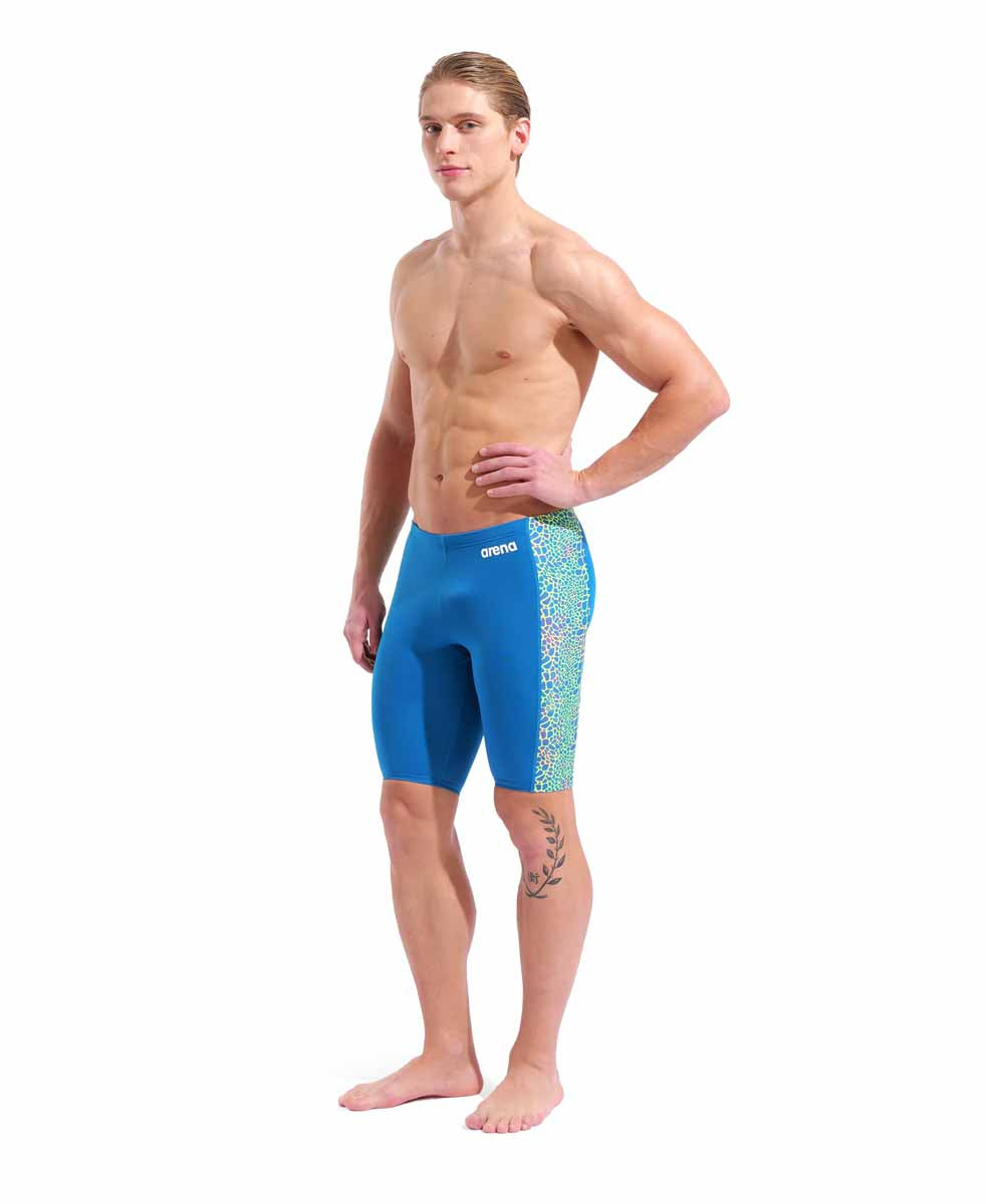 Blue Arena men's snakeskin swim jammer with a multicolored blue pattern, designed for competitive swimming and training.