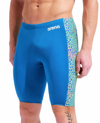 Arena men's snakeskin swim jammer in blue cosmo multi, featuring a sleek snakeskin pattern for competitive swimming.