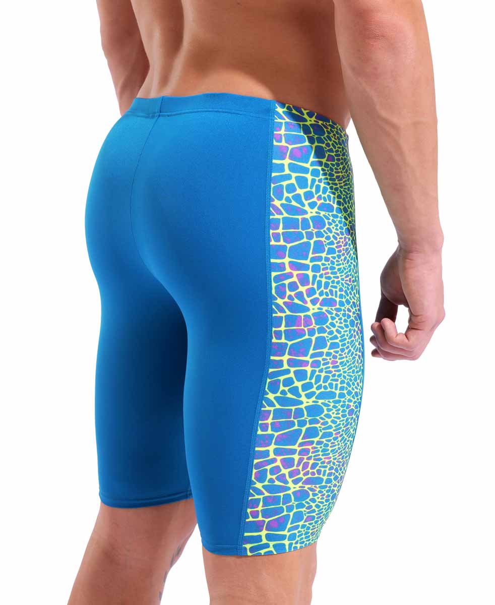 Blue Arena men's snakeskin swim jammer featuring a blue and multi-color snakeskin pattern, designed for competitive swimming.