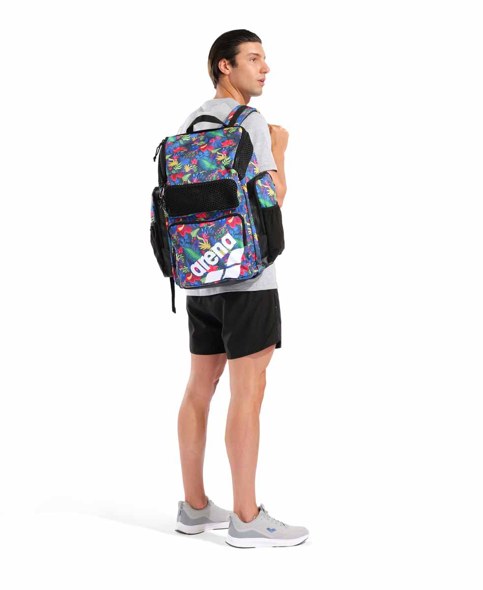 Arena One Go Allover Backpack 45L, black and gray sports backpack with multiple compartments and adjustable straps.