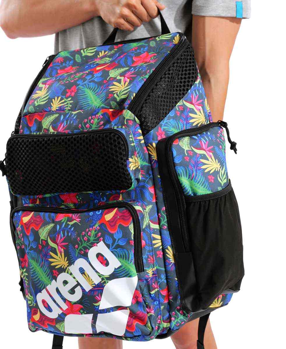 Arena One Go Allover Backpack 45L with multiple compartments and adjustable straps, shown in black and gray.
