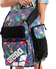 Arena One Go Allover Backpack 45L with multiple compartments and adjustable straps, shown in black and gray.