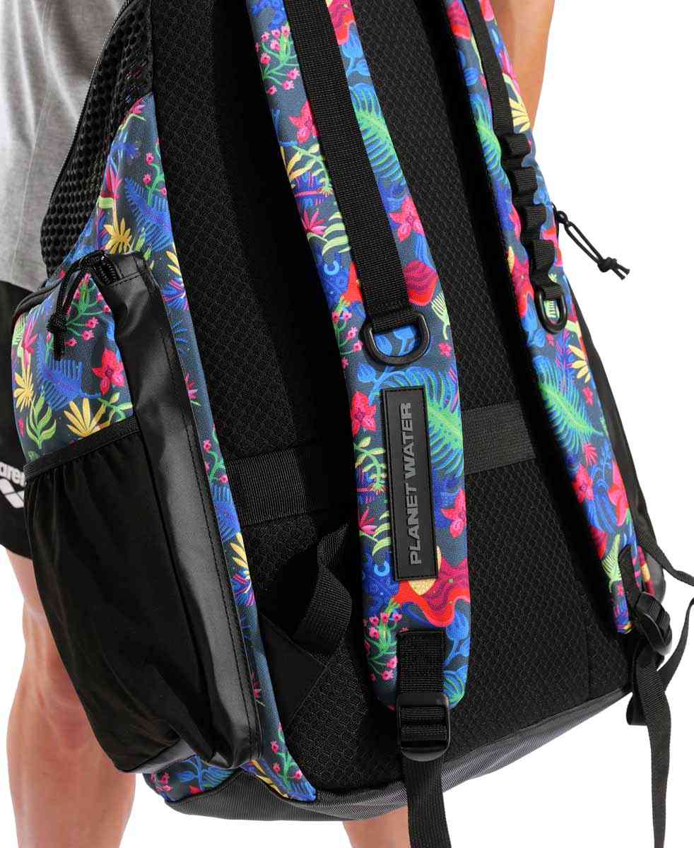 Arena One Go Allover Backpack 45L with multiple compartments, adjustable straps, and bold logo design for sports and travel use.