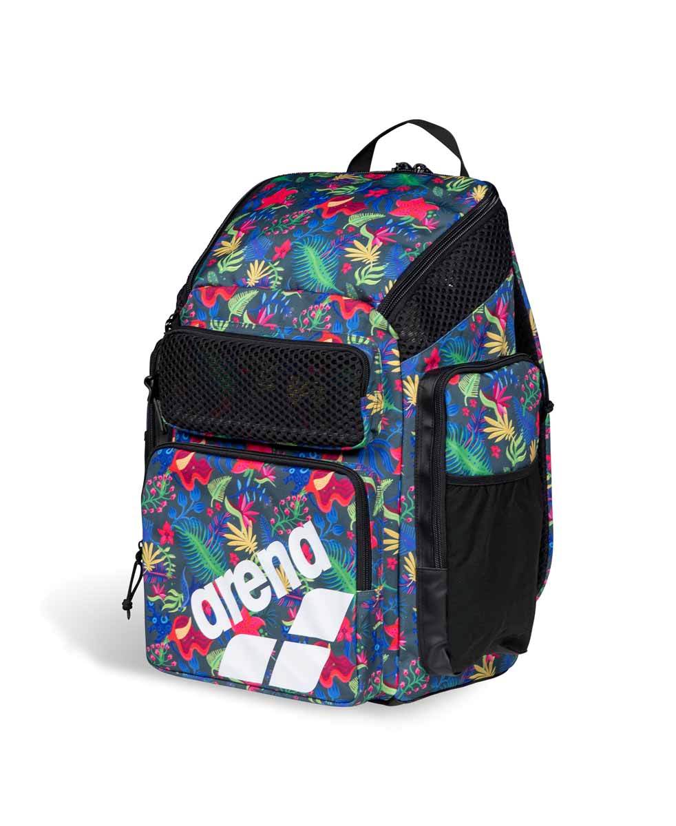 Arena One Go Allover Backpack 45L in black with multiple compartments and adjustable straps, designed for sports and travel use.