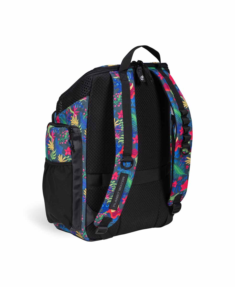 Arena One Go Allover Backpack 45L in black with multiple compartments and shoulder straps, designed for travel and outdoor use.