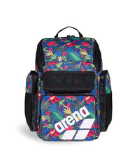 Arena One Go Allover Backpack 45L showing a navy blue backpack with adjustable straps and multiple compartments.