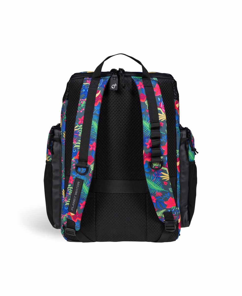 Arena One Go Allover Backpack 45L, a large black sports backpack with multiple compartments and adjustable shoulder straps.