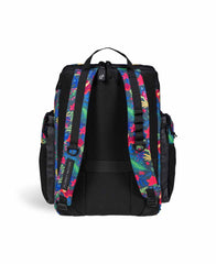 Arena One Go Allover Backpack 45L, a large black sports backpack with multiple compartments and adjustable shoulder straps.