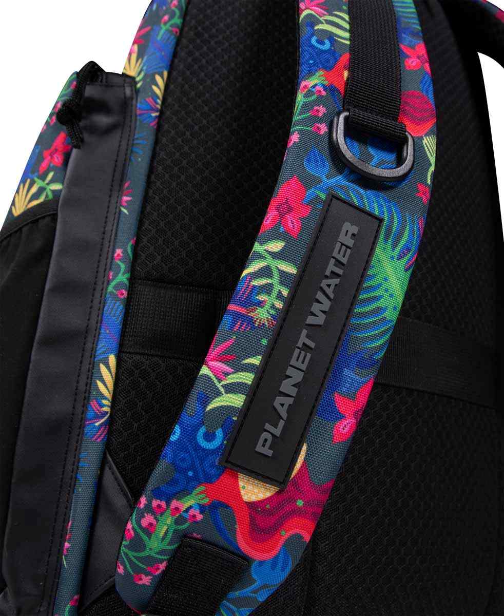 Arena One Go Allover 45L backpack with adjustable straps and multiple compartments, shown in a sleek black design.
