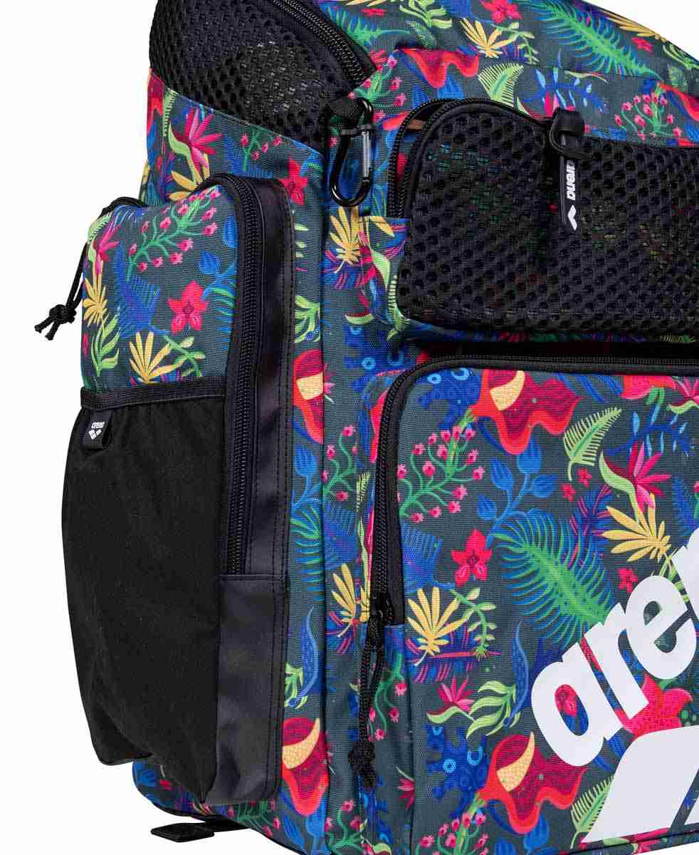 Arena One Go Allover Backpack 45L, a navy blue sports backpack with multiple compartments and adjustable straps.