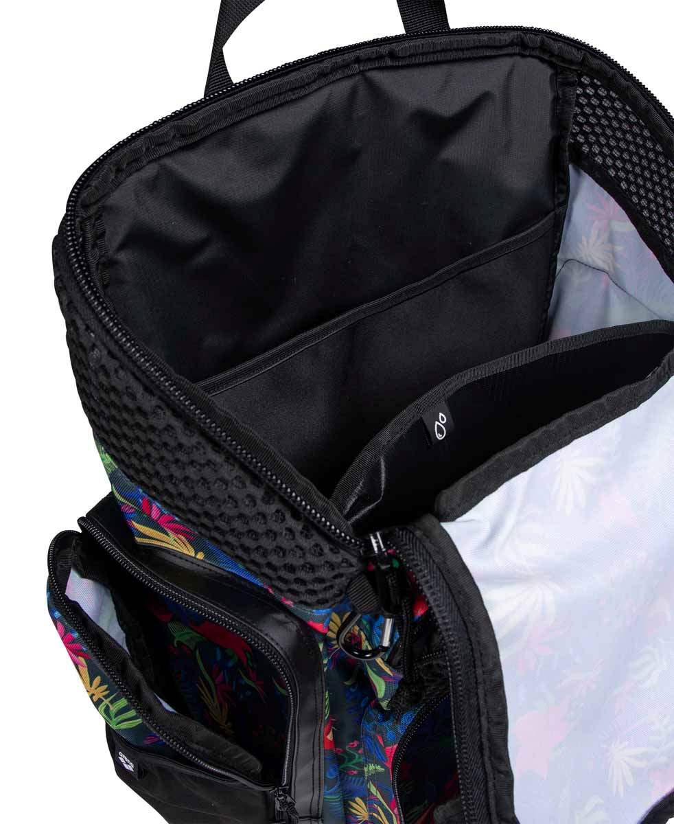 Arena One Go Allover Backpack 45L, black and gray with multiple compartments and adjustable straps, designed for travel and outdoor use.