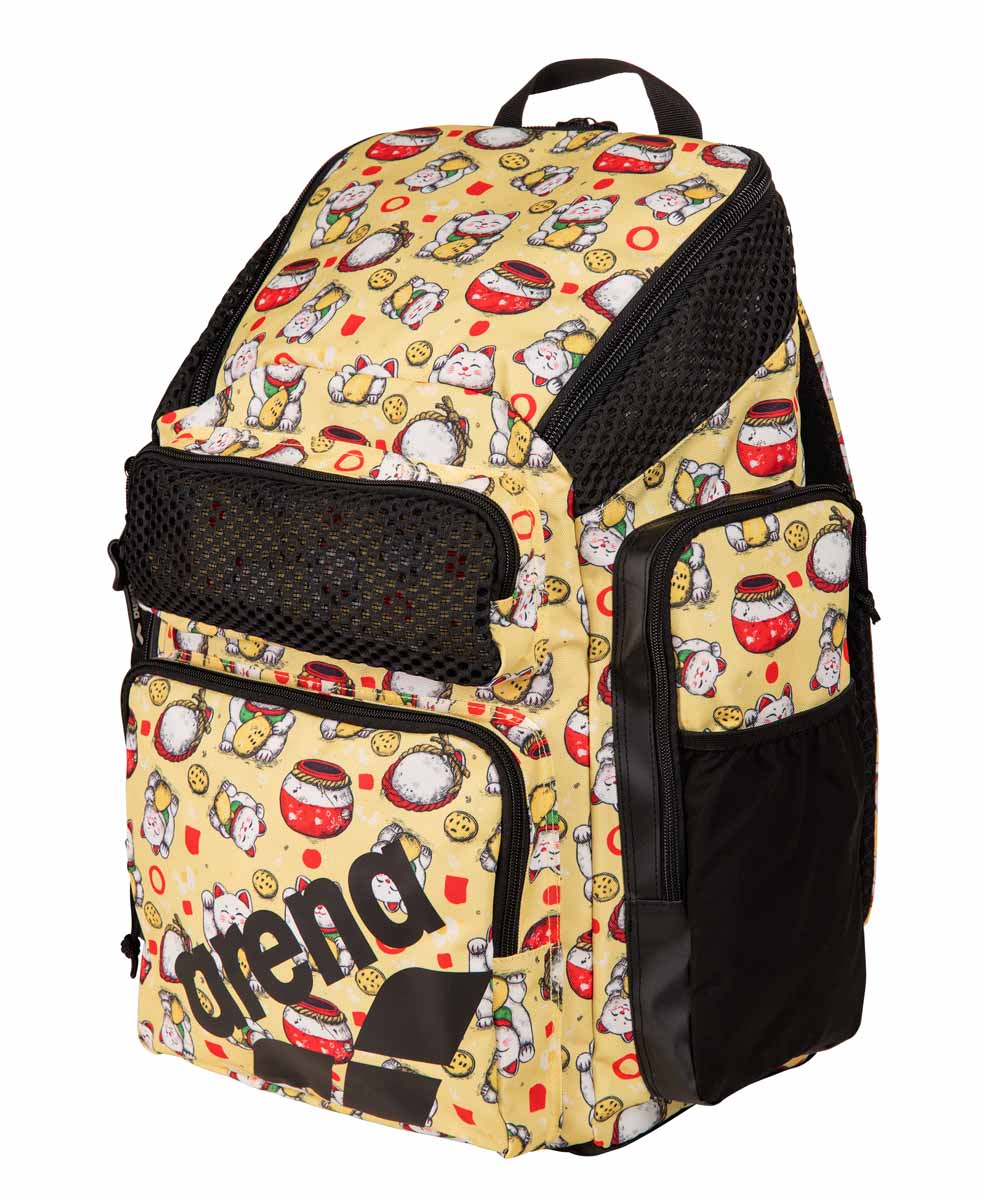 Arena One Go Allover Backpack 45L in Neko design, durable outdoor backpack with multiple compartments and adjustable straps.