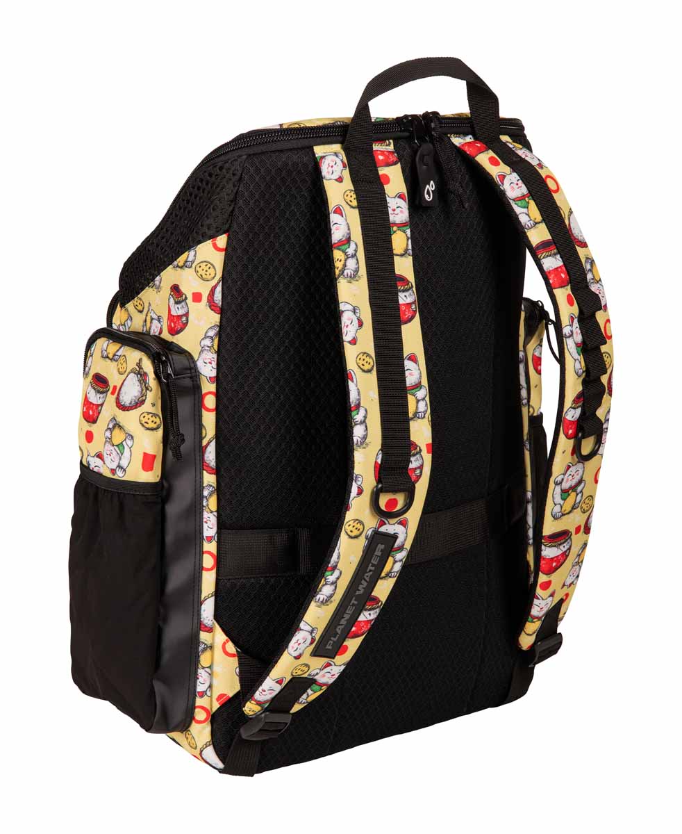 Arena One Go Allover Backpack 45L in Neko pattern, featuring multiple compartments and adjustable straps for versatile carrying.