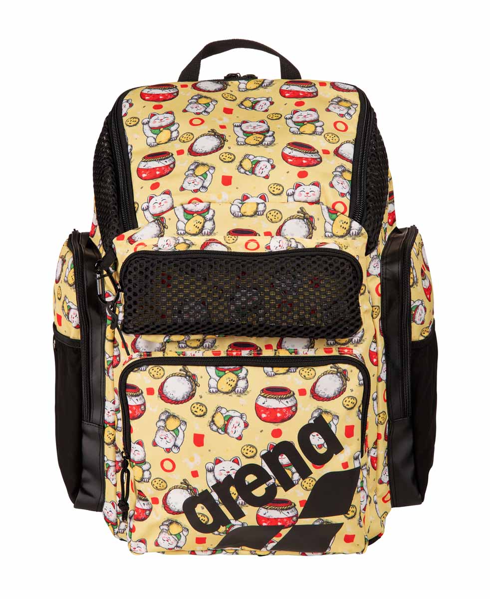 Arena One Go Allover Backpack 45L Neko in black with colorful pattern, featuring multiple compartments and adjustable straps.