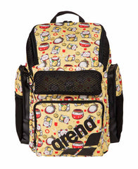 Arena One Go Allover Backpack 45L Neko in black with colorful pattern, featuring multiple compartments and adjustable straps.
