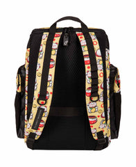 Arena One Go Allover Backpack 45L in Neko print, featuring multiple compartments and adjustable straps for versatile carrying.