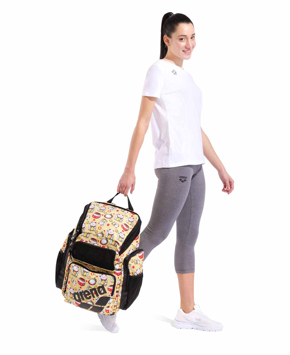 Arena One Go Allover Backpack 45L in Neko pattern, lightweight and spacious with multiple compartments for travel or sports use.