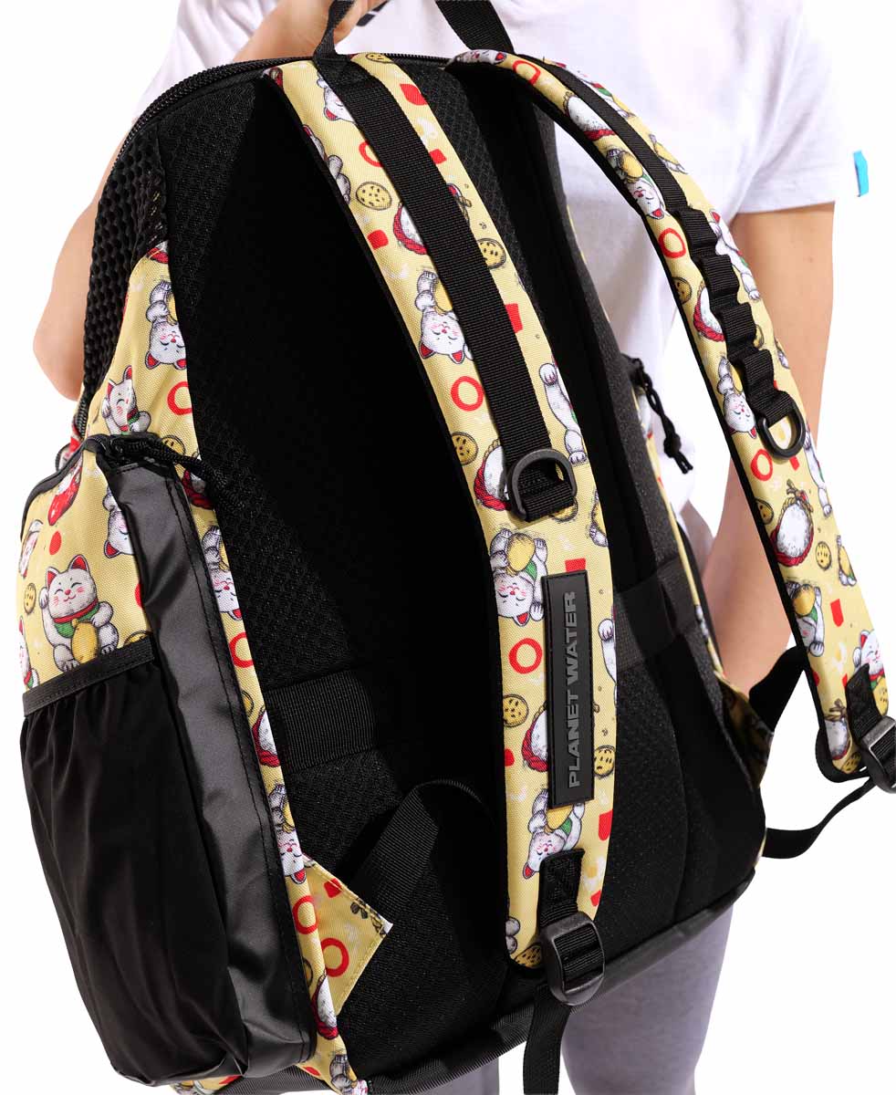 Arena One Go Allover Backpack 45L in Neko design, featuring multiple compartments and adjustable straps for versatile carry.