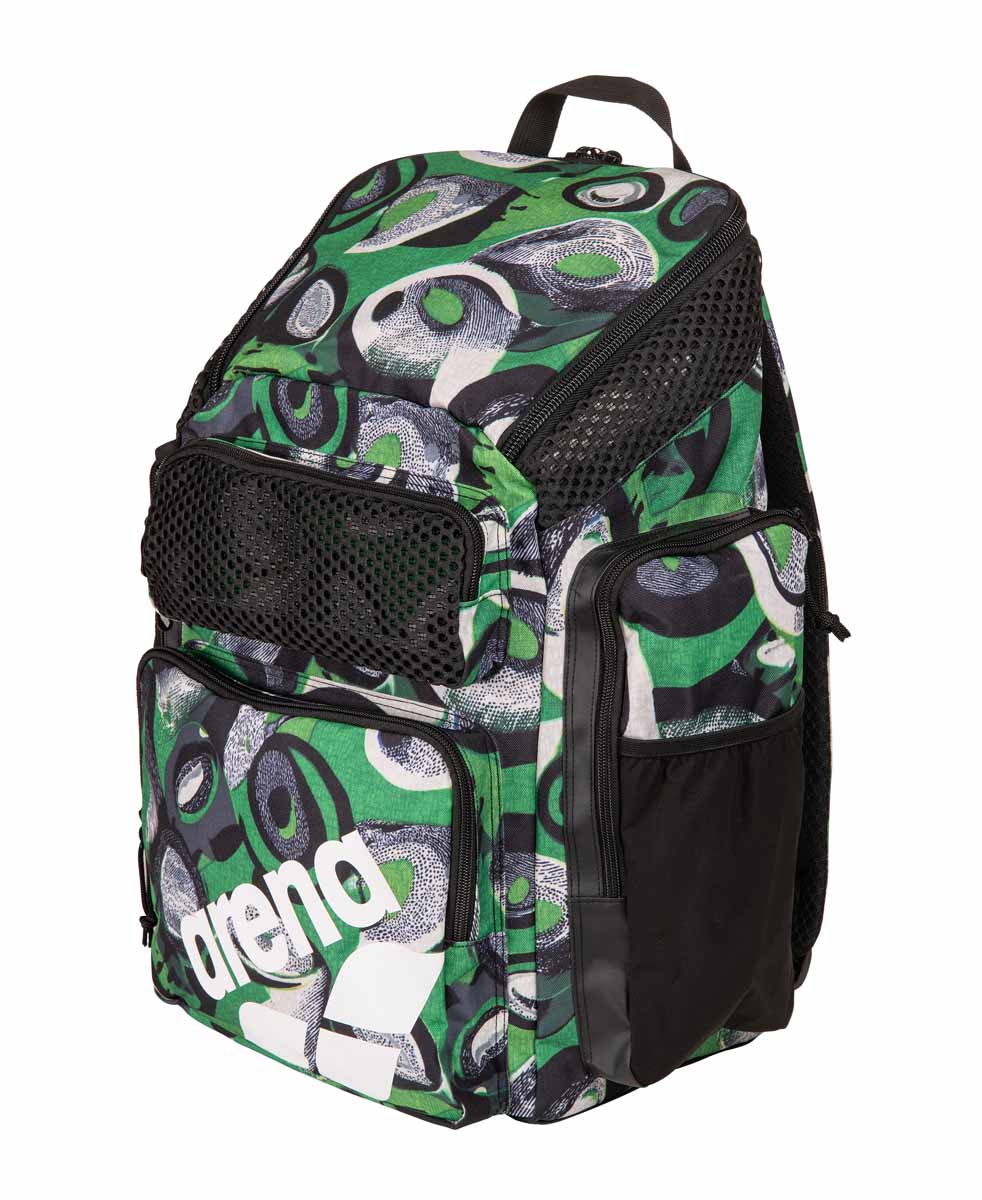 Arena One Go Allover Backpack 45L in Kente fabric, durable blue backpack with multiple compartments and adjustable straps.
