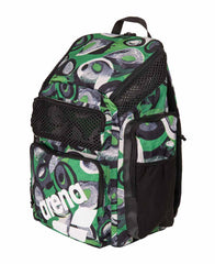Arena One Go Allover Backpack 45L in Kente fabric, durable blue backpack with multiple compartments and adjustable straps.