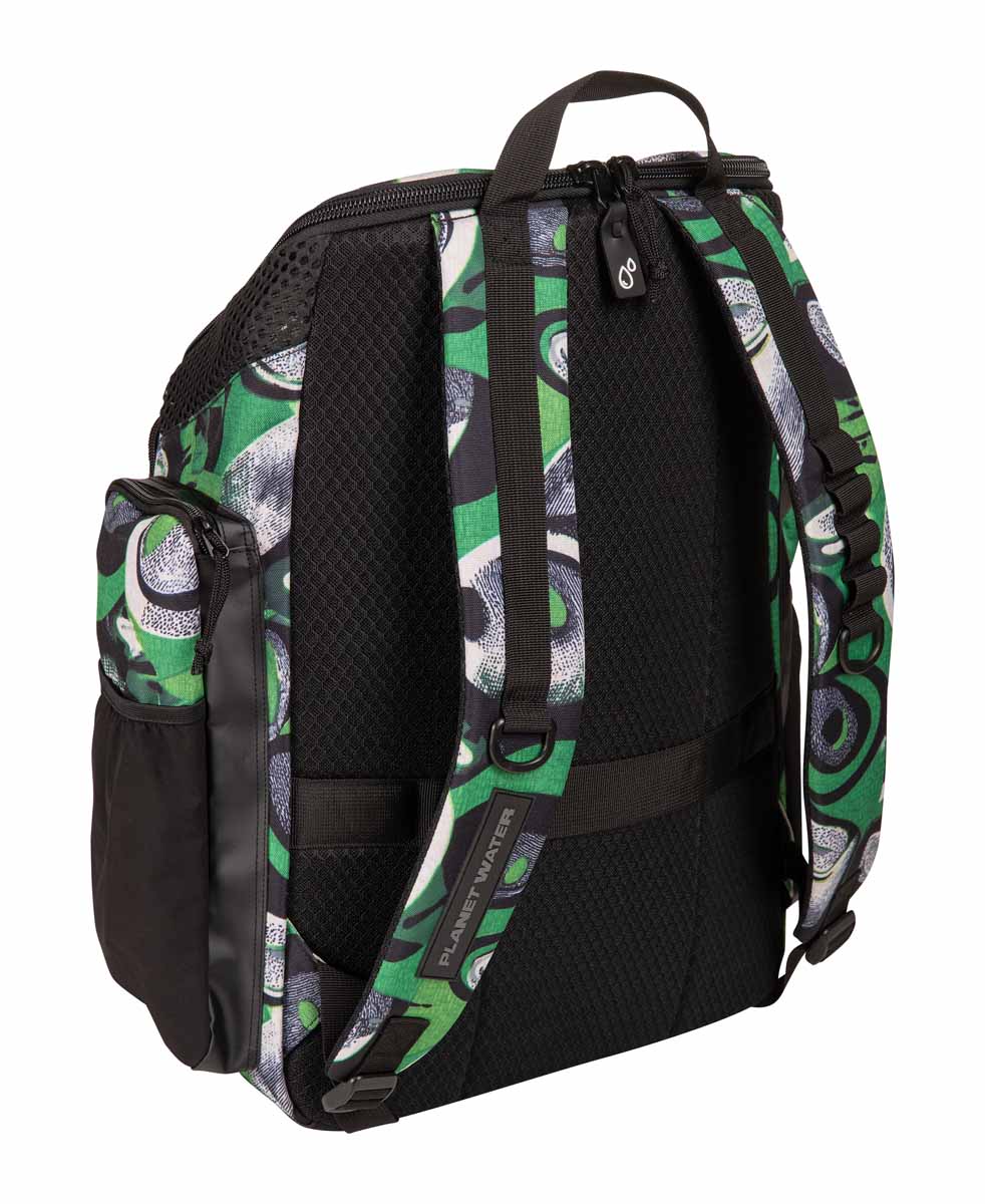 Arena One Go Allover Backpack 45L in Kente fabric with multiple compartments and adjustable straps, designed for travel and daily use.