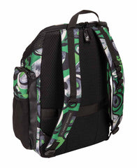 Arena One Go Allover Backpack 45L in Kente fabric with multiple compartments and adjustable straps, designed for travel and daily use.