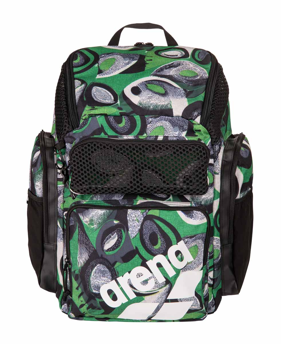 Arena One Go Allover Backpack 45L in Kente fabric, featuring multiple compartments and adjustable straps for versatile travel use.