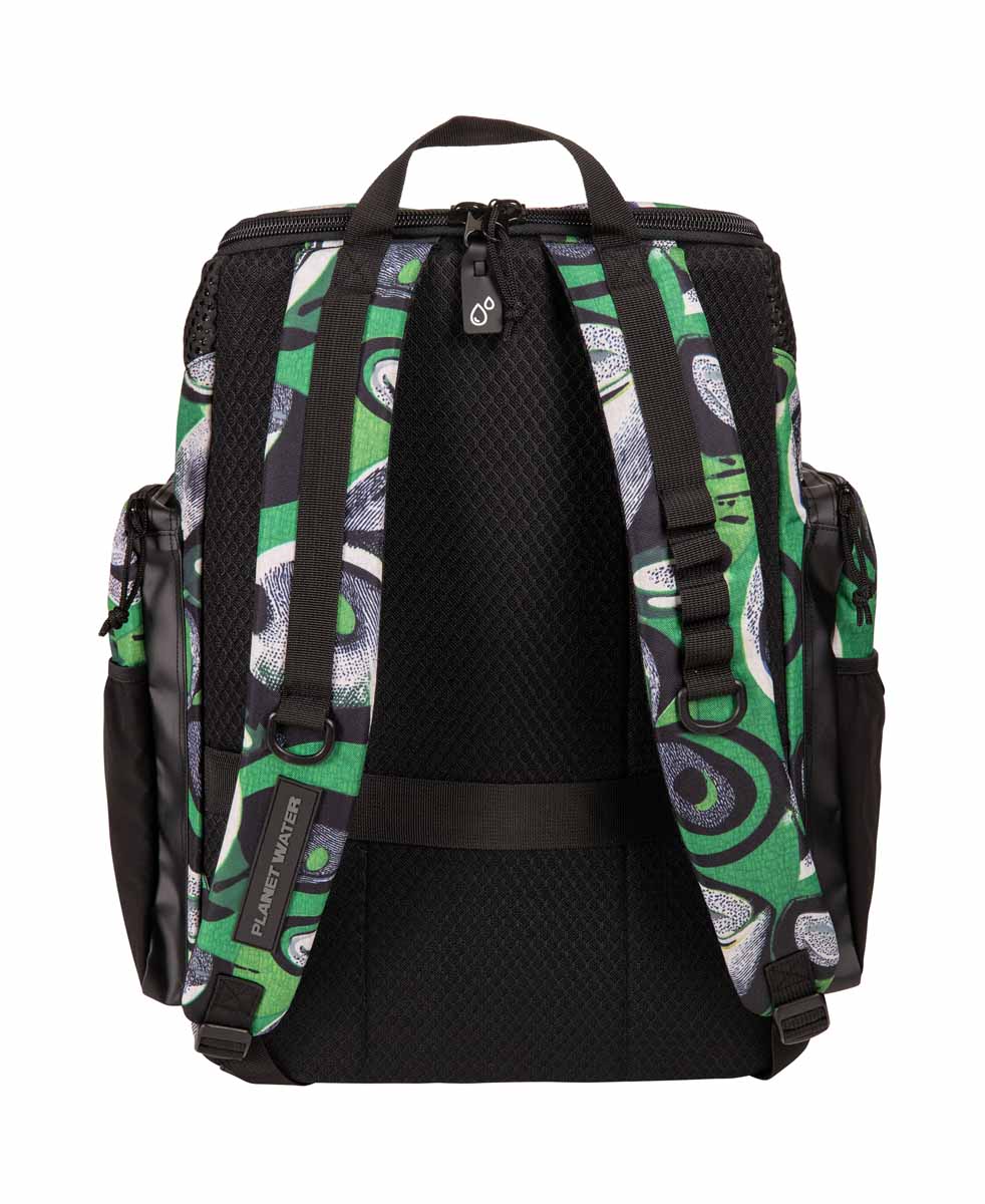 Arena One Go Allover Backpack 45L in Kente fabric showing a spacious blue and Kente patterned backpack with adjustable straps.