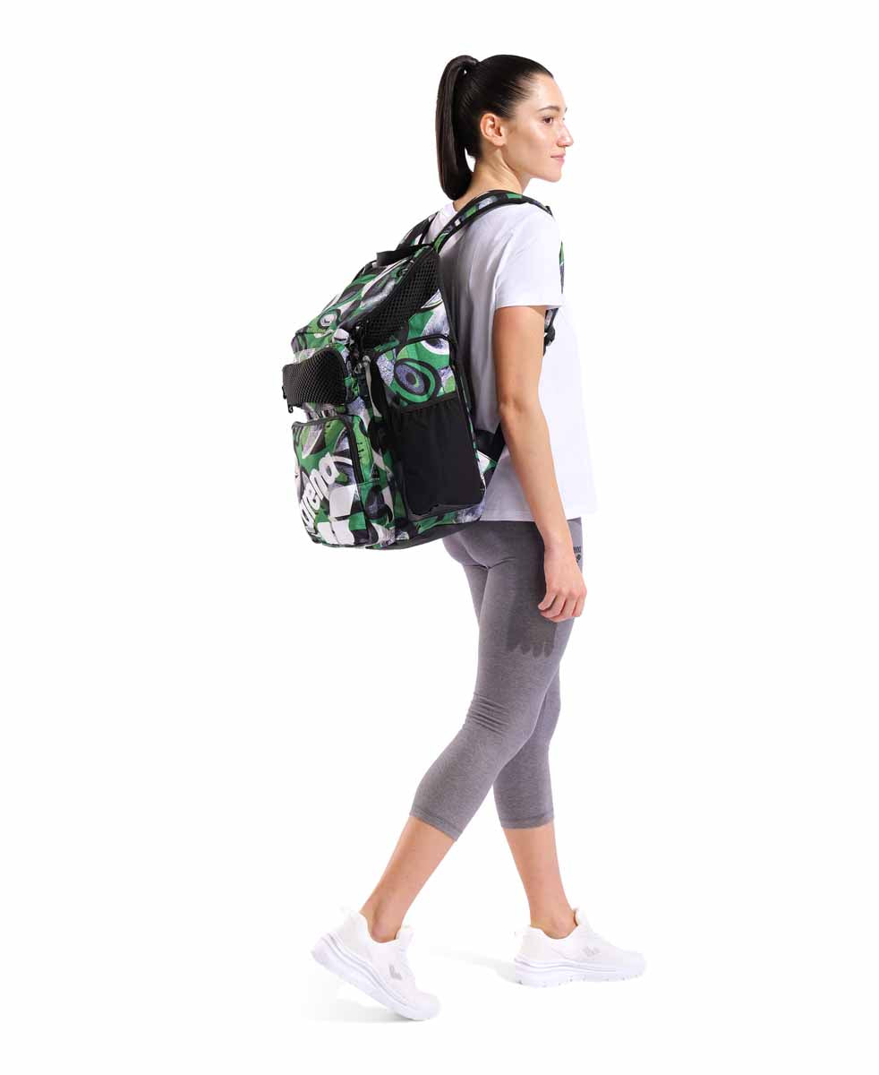Arena One Go Allover Backpack 45L in Kente fabric, featuring a spacious design with colorful, traditional African-inspired patterns.