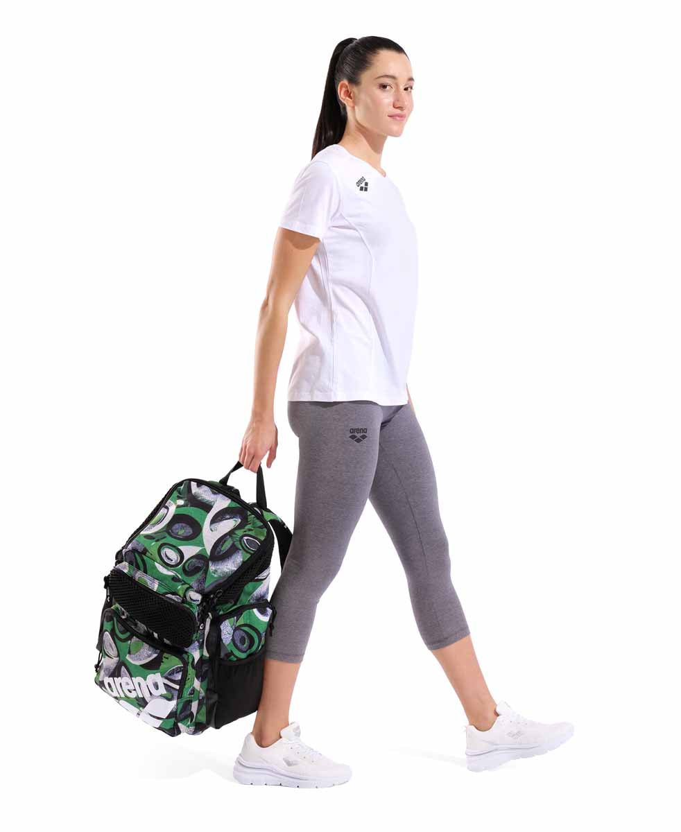 Arena One Go Allover Backpack 45L in Kente fabric, featuring multiple compartments and adjustable straps for outdoor use.