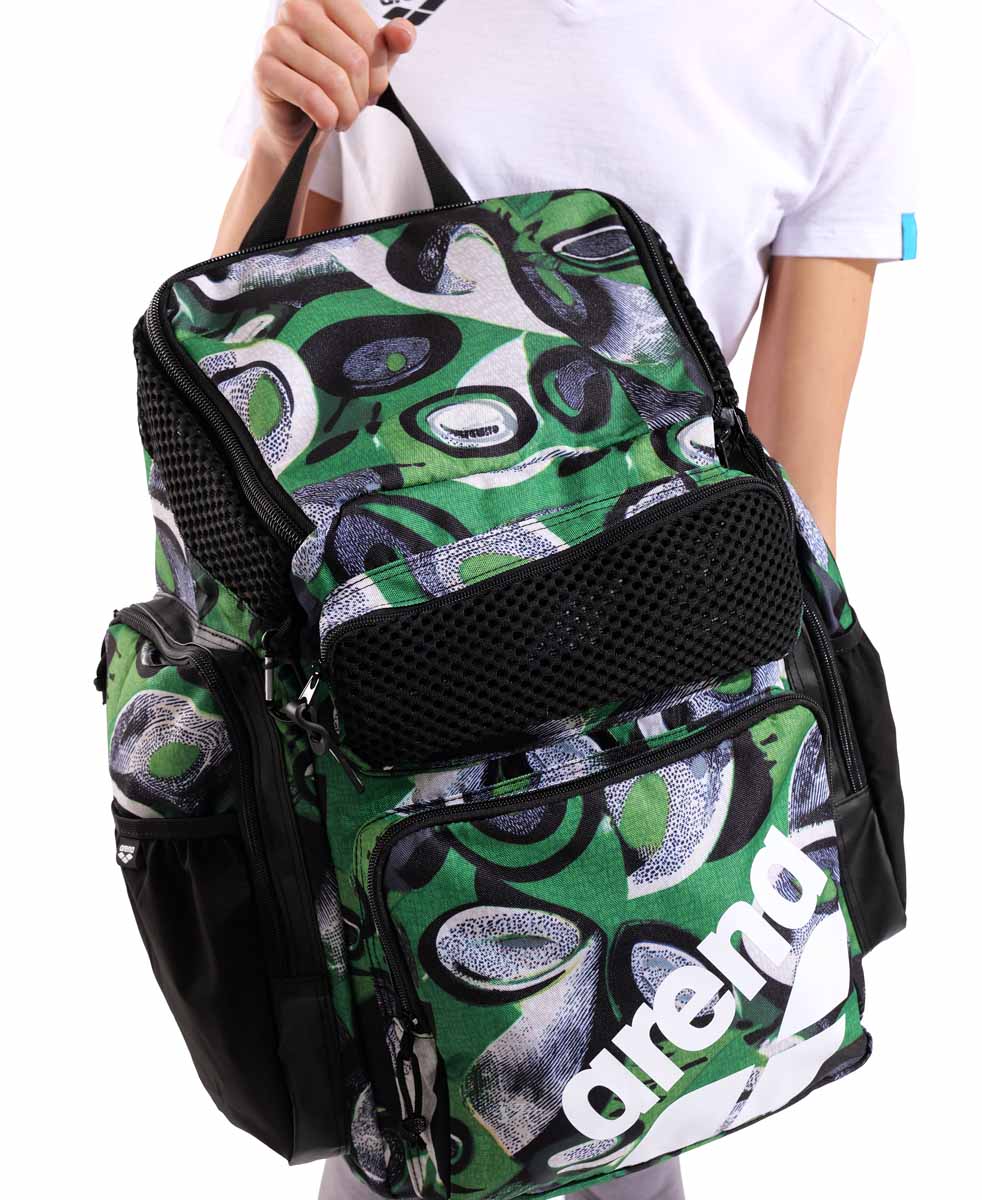 Arena One Go Allover Backpack 45L in Kente fabric, showing a spacious black backpack with colorful Kente pattern accents.