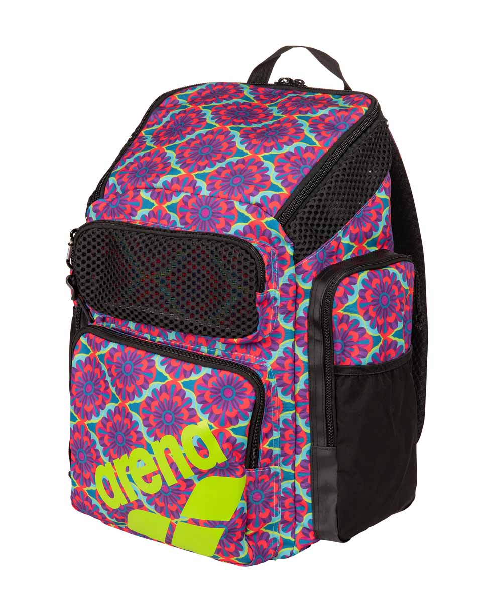 Arena One Go Allover Backpack 45L with floral pattern, featuring multiple compartments and adjustable straps for outdoor use.