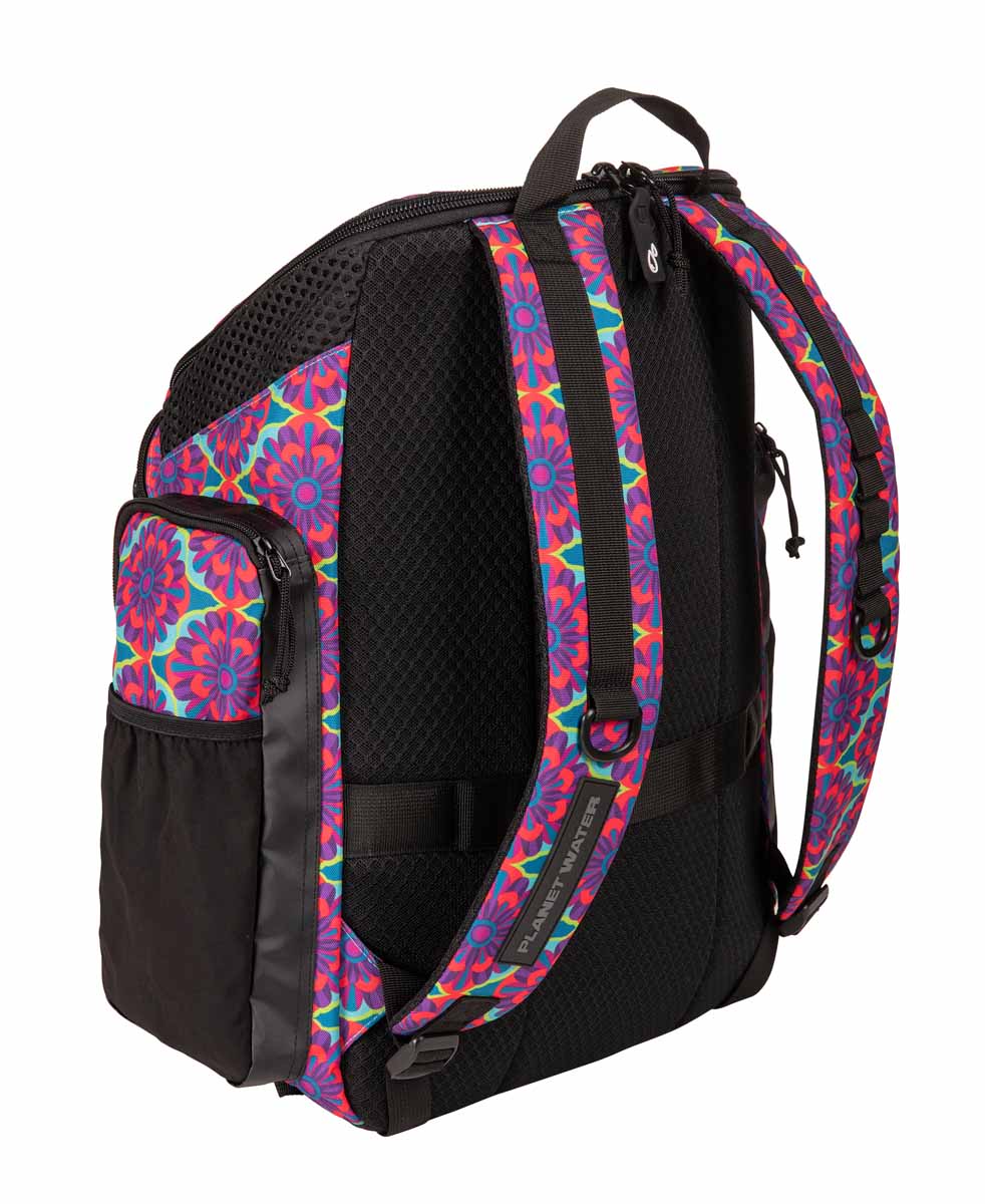 Arena One Go Allover Backpack 45L with floral pattern, featuring multiple compartments and adjustable straps for outdoor use.