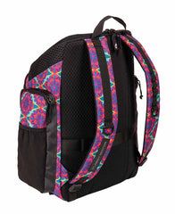 Arena One Go Allover Backpack 45L with floral pattern, featuring multiple compartments and adjustable straps for outdoor use.