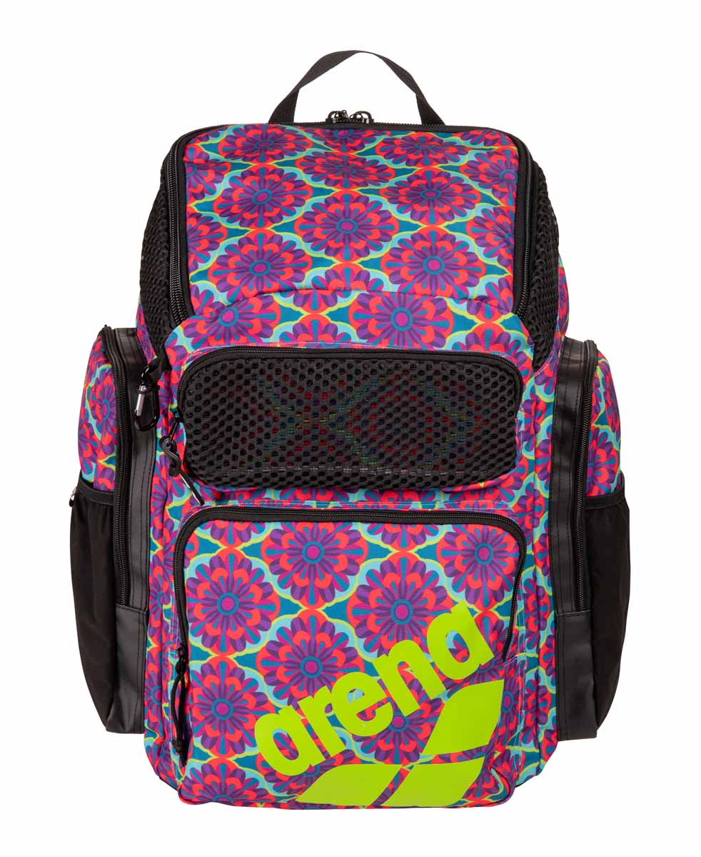 Arena One Go Allover Backpack 45L with floral pattern, featuring multiple compartments and adjustable straps for outdoor use.