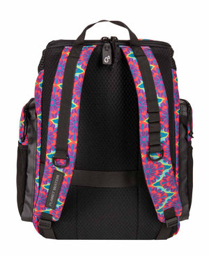 Arena One Go Allover Backpack 45L with a vibrant floral pattern, featuring multiple compartments and adjustable straps.