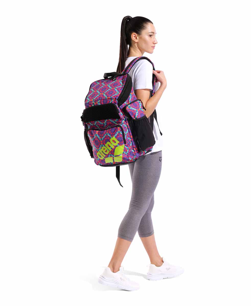 Arena One Go Allover Backpack 45L with floral pattern, featuring multiple compartments and adjustable straps.