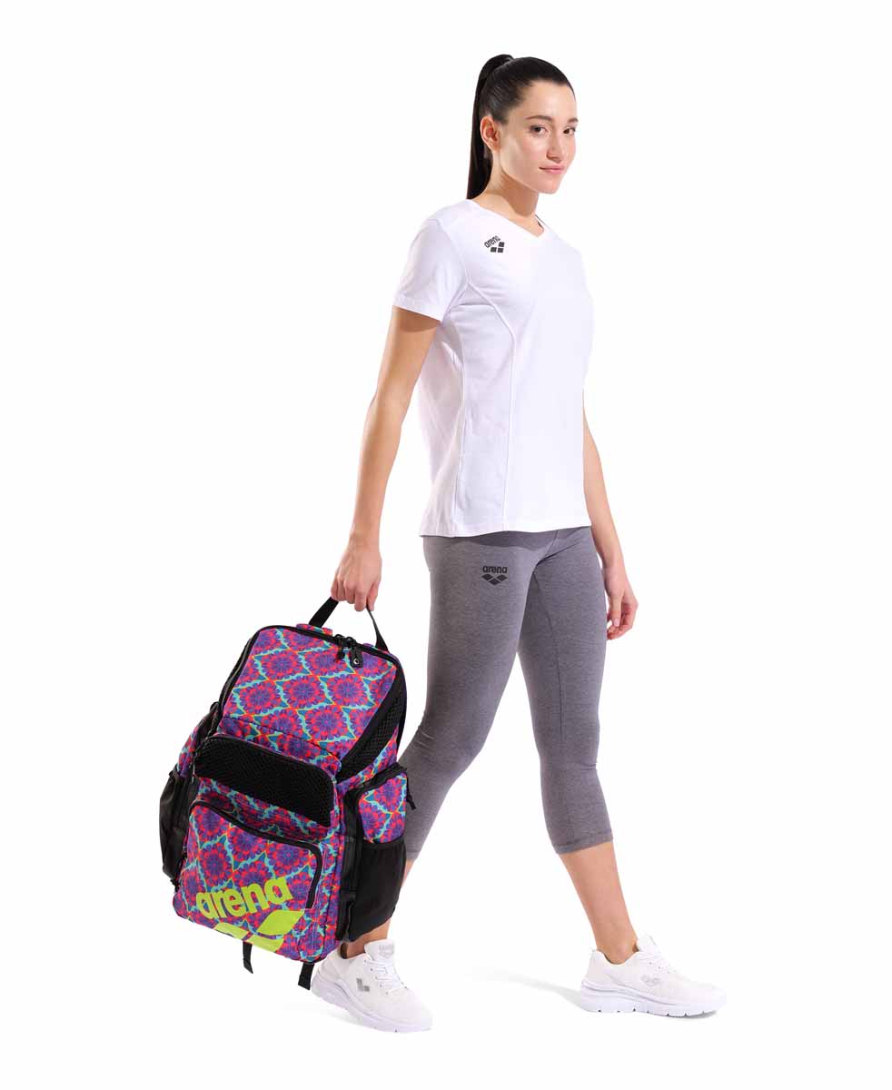 Arena One Go Allover Backpack 45L with floral pattern, featuring multiple compartments and adjustable straps for outdoor use.